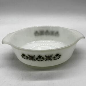 Vtg Anchor Hocking FireKing 9" Dish White Milk Glass Green Meadow Ovenware 1.5qt